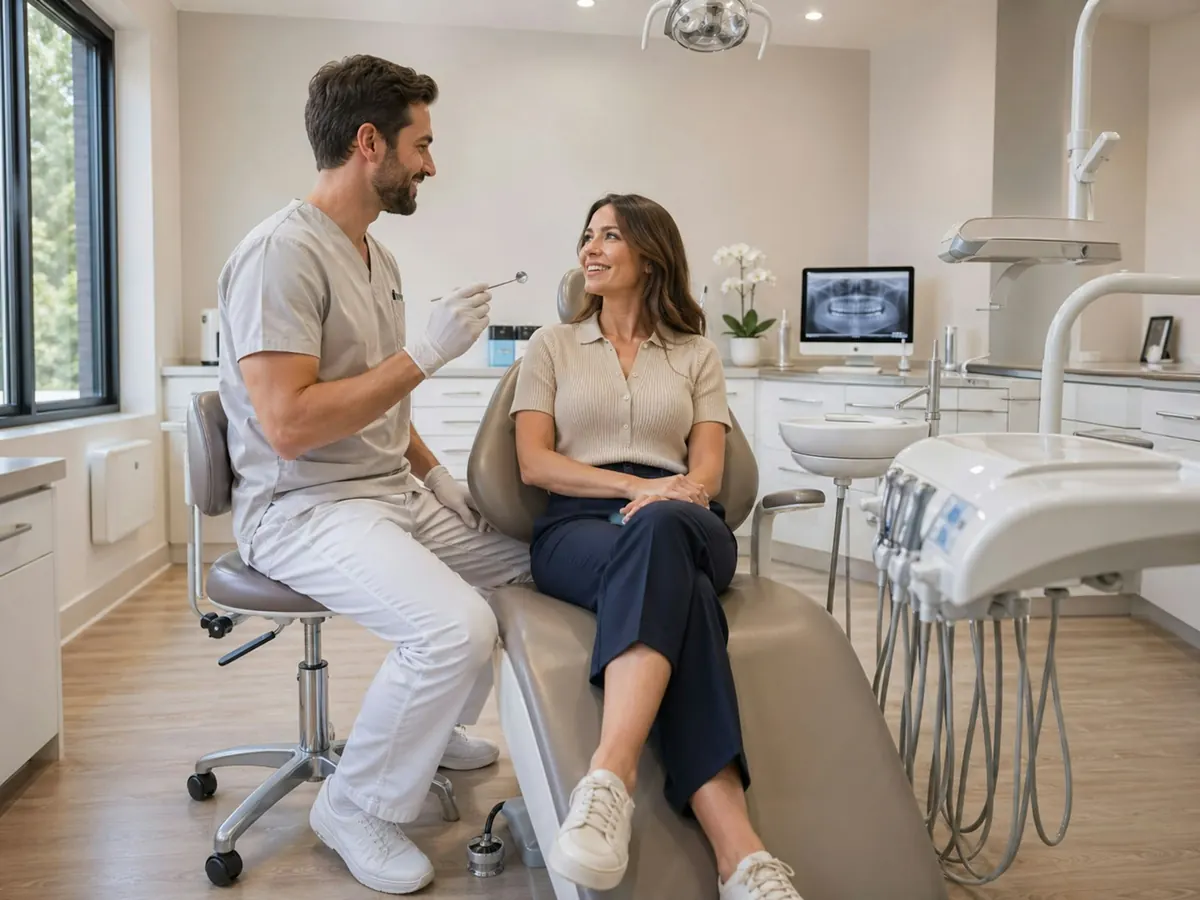 Profissional a conversar com uma paciente numa clínica
